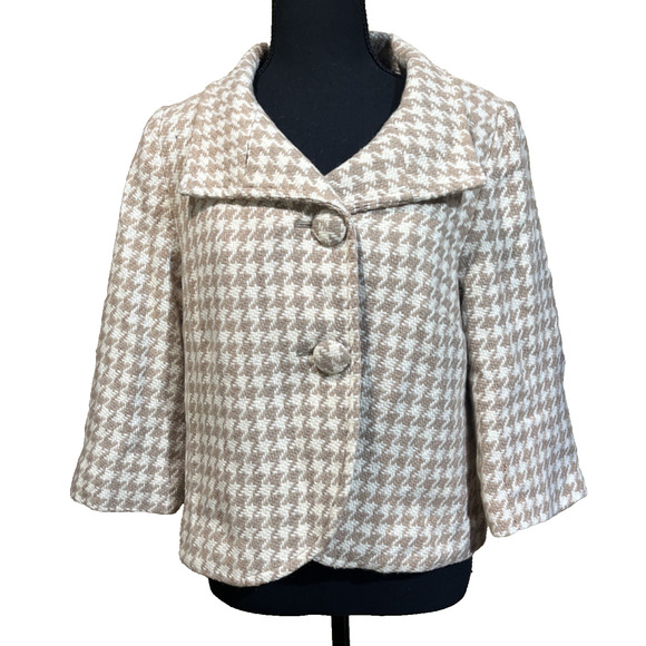 Banana Republic Houndstooth Wool Cropped Coat Jacket Beige Size 12 Classic Y2K - Picture 1 of 14